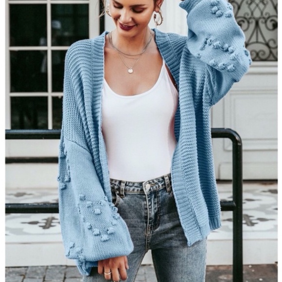 040 Cozy Blue Heart Pom Open Front Cardigan - Picture 2 of 7